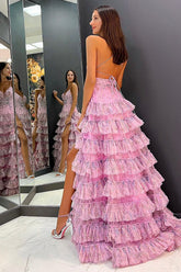 A Line Spaghetti Straps Printed Tulle Prom Dress with Ruffles